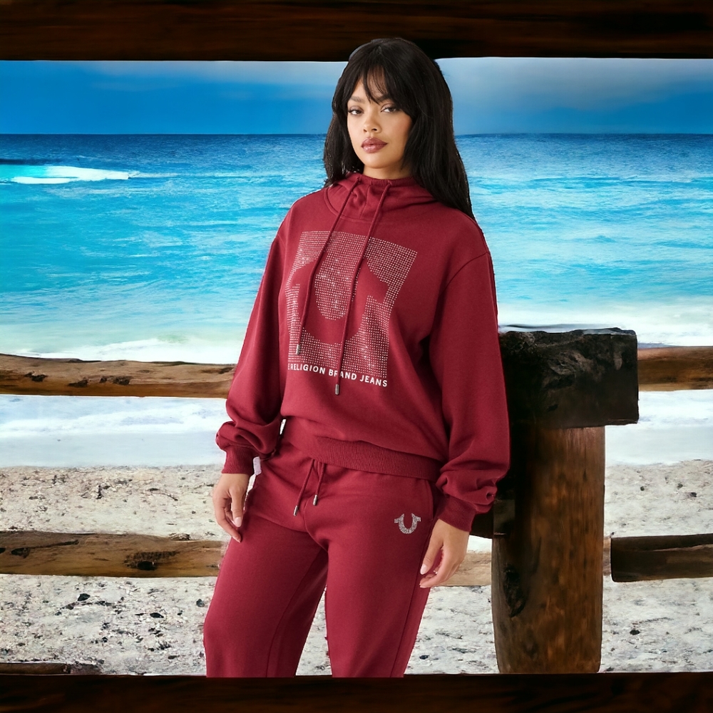 ❤️🔥❤️🔥TRUE RELIGION CRYSTAL RELAXED HOODIE- CABERNET WOMEN'S SIZE LARGE - Picture 1 of 10